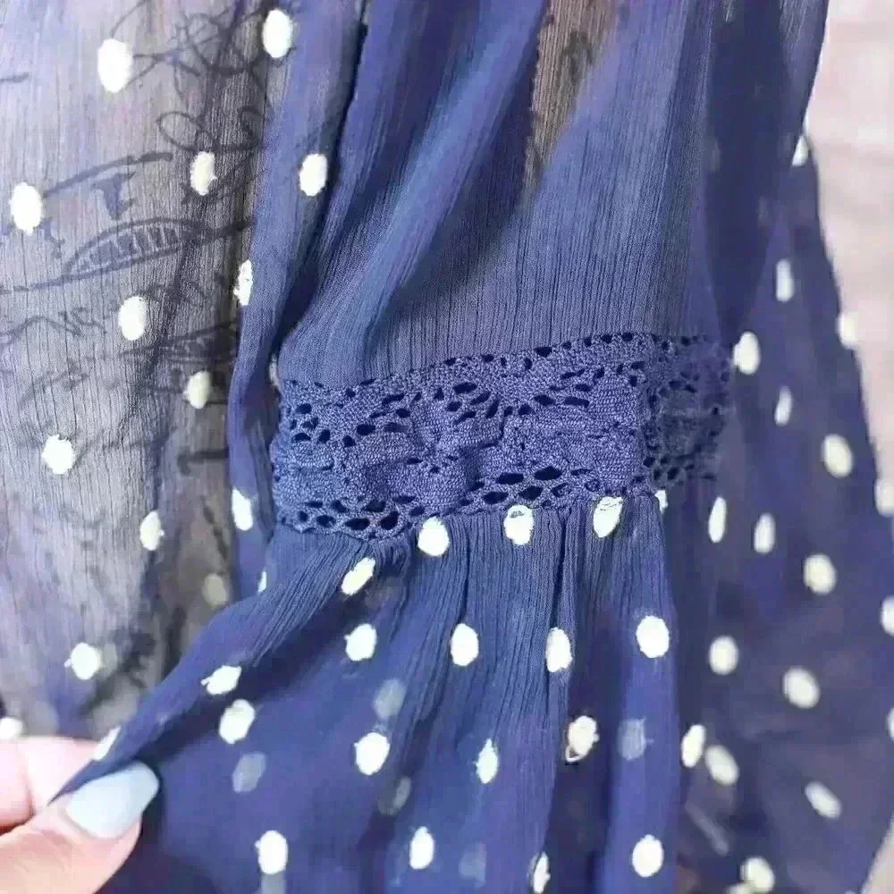 Women's Free People Size S navy blue polka dot embroidered sheer shirt - Picture 7 of 14